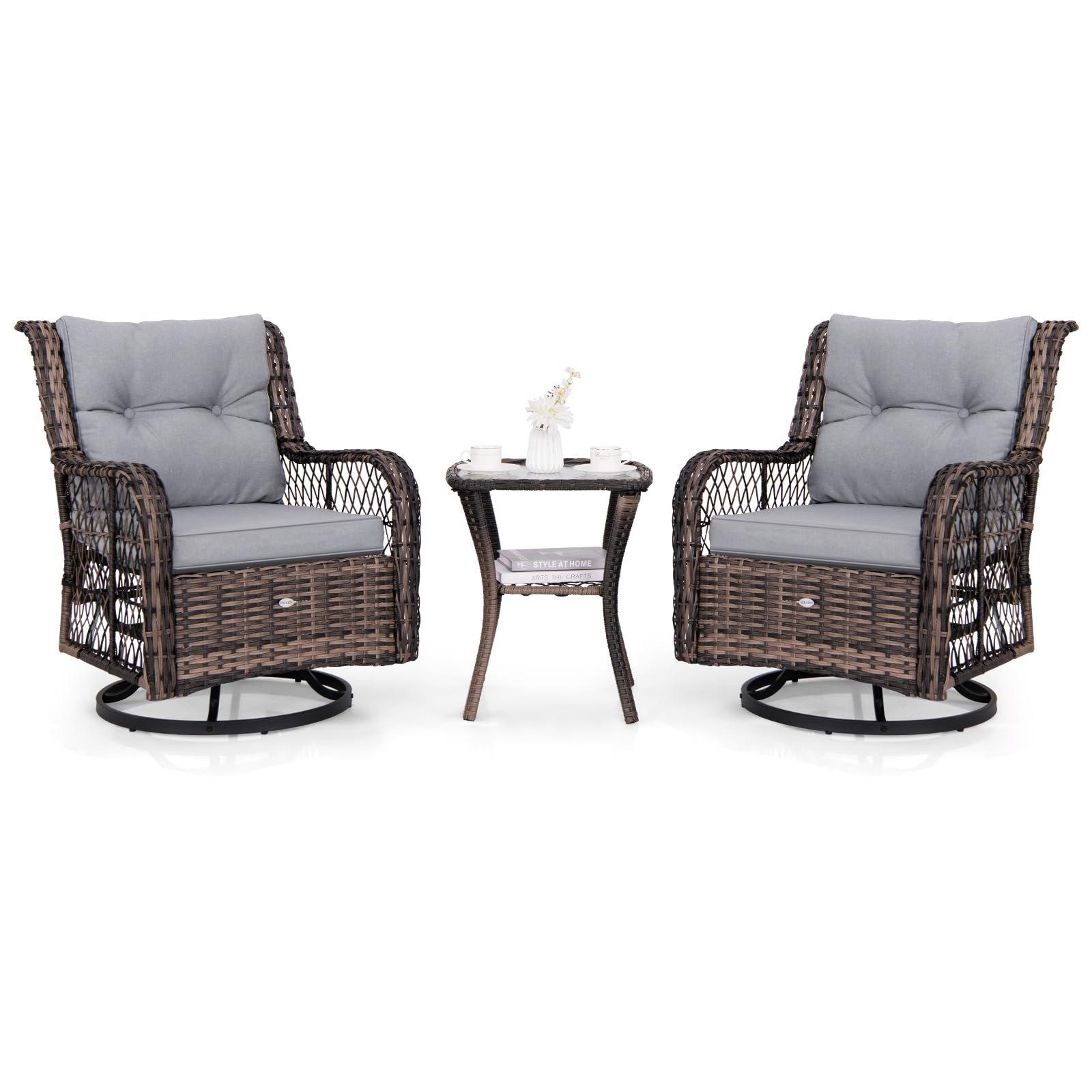 Ensemble de 3 pièces Tangkula de fauteuils à bascule pivotants d'extérieur, ensemble de 2 chaises à bascule de patio en rotin tressé avec coussins et petite table d'appoint